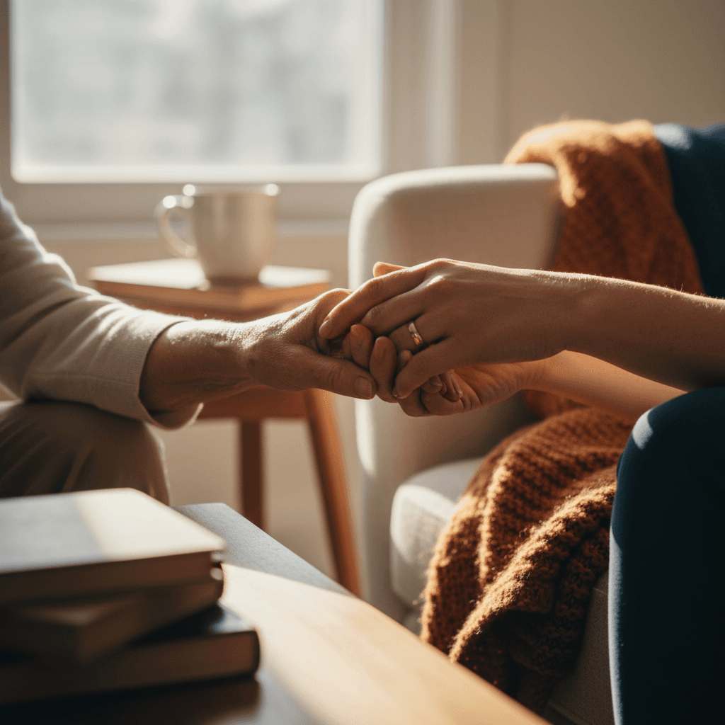 Two people gently holding hands in a warm, caring moment